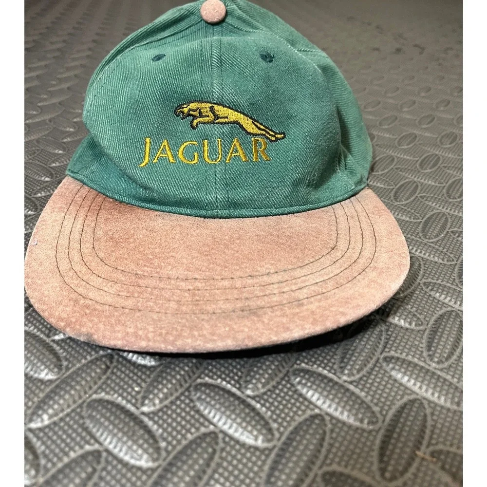 Vintage Jaguar Racing Ball Cap Green Suede Bill Leather Strap Made In USA
